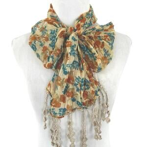 Boho Floral Tassel Scarf Belt Wrap Cream Rust Teal Fringe Lightweight Shawl